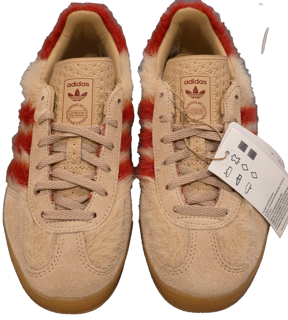 Adidas Gazelle Indoor Fuzzy Sneakers Women's 6.5 Beige Red 3-Stripes Retro NWOB